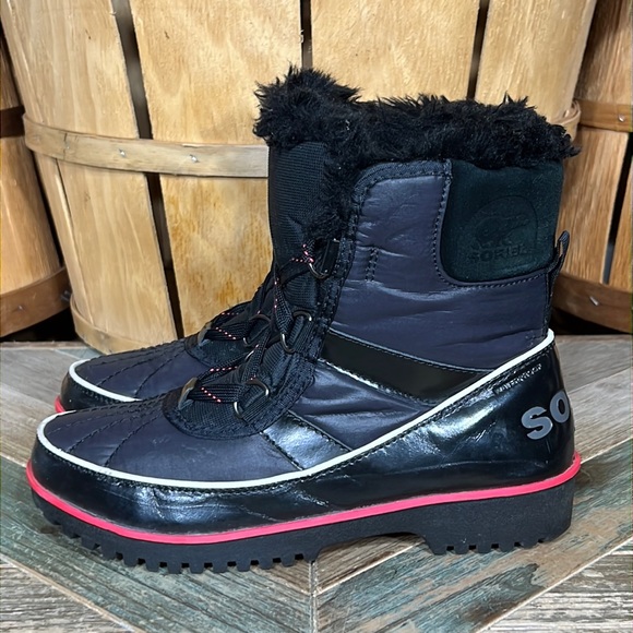 ♥️ Sorel ♥️ Tivoli II Black Red Faux Fur Waterproof Insulated Winter Snow Boots - Picture 2 of 11